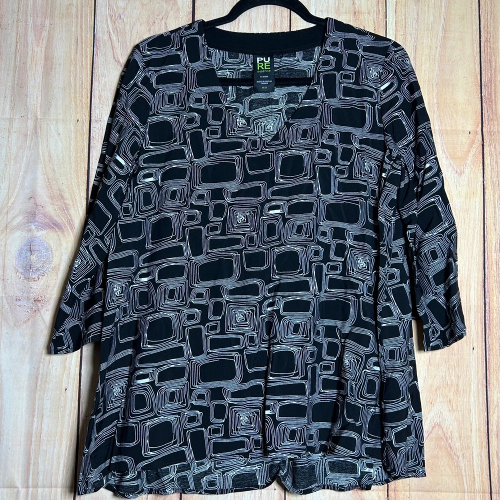 Pure Essence Tunic Top Womens Medium Black White‎ Geometric Mod Art to Wear